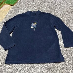 Jennifer Moore Women’s Sweater Size M Navy Fleece Pullover Mockneck Embroidery